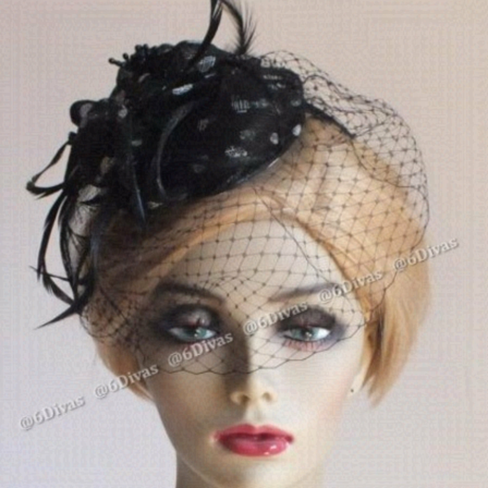 Polka Dot Black Mesh Feathered Fascinator